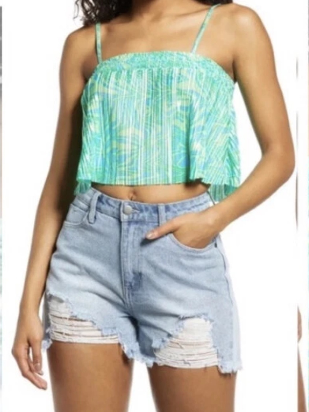 BP. Pleated Green Blue Abstract Print Crop Cami Top Size Large
